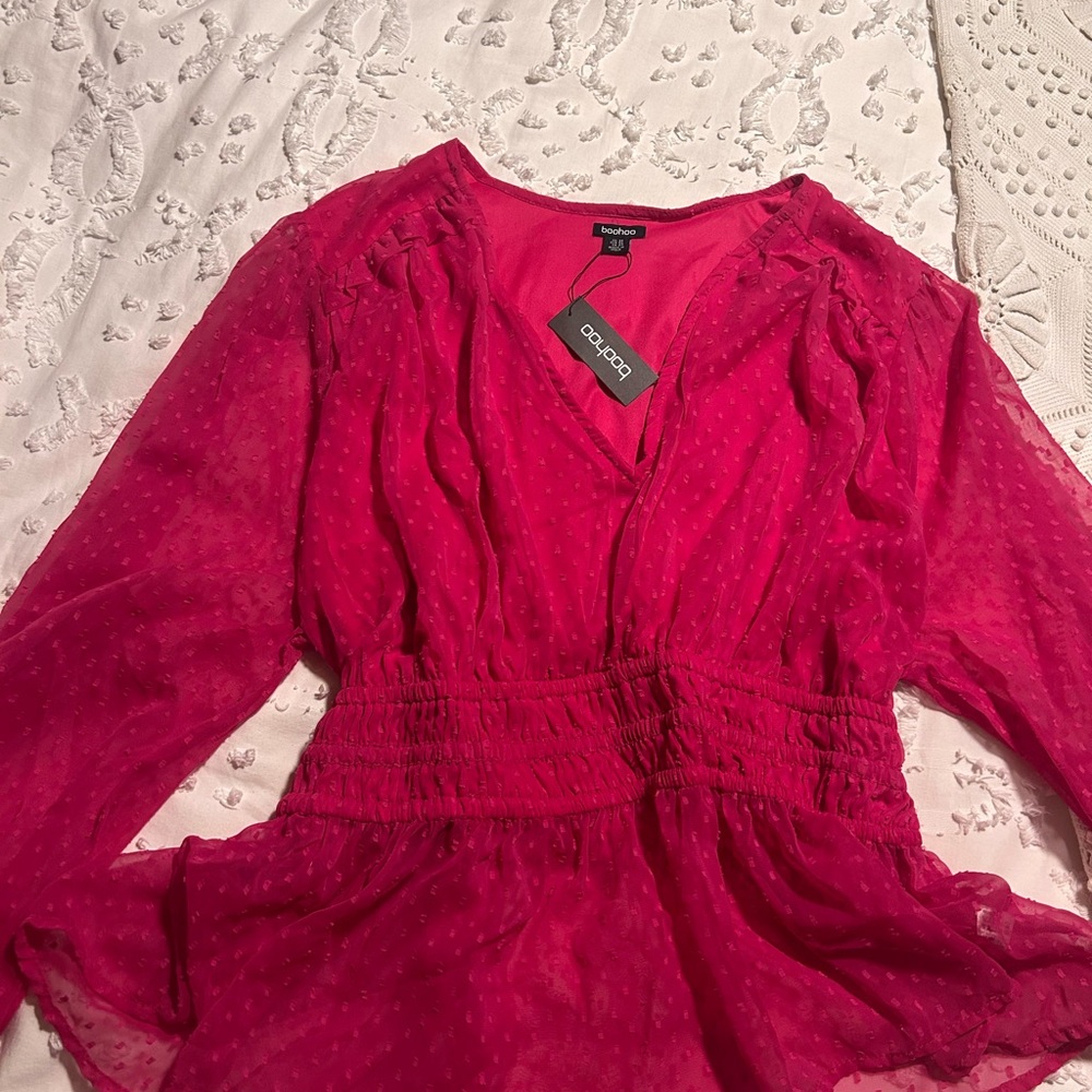Boohoo Plus Pink Ruffled Smocked Blouse